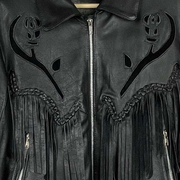 VINTAGE ALCATRAZ BLACK LEATHER FRINGE BRAIDED CONCHO ZIP ROCKSTAR LEATHER JACKET - Picture 15 of 17